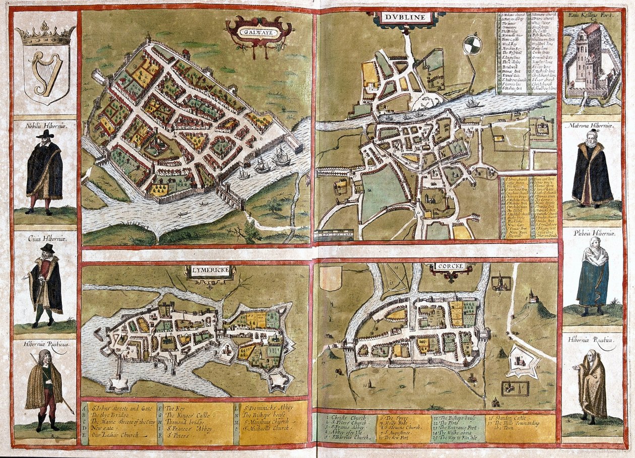 Galway, Dublin, Limerick e Cork, Irlanda (gravura de Georg Braun and Hogenberg Franz