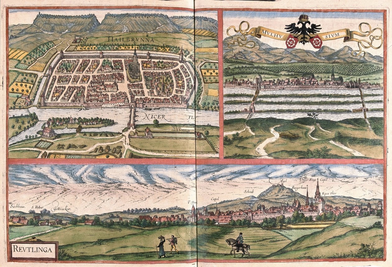 Heilbronn (Alemanha), Mulhouse (França) e Reutlingen (Alemanha) (gravura de Georg Braun and Hogenberg Franz