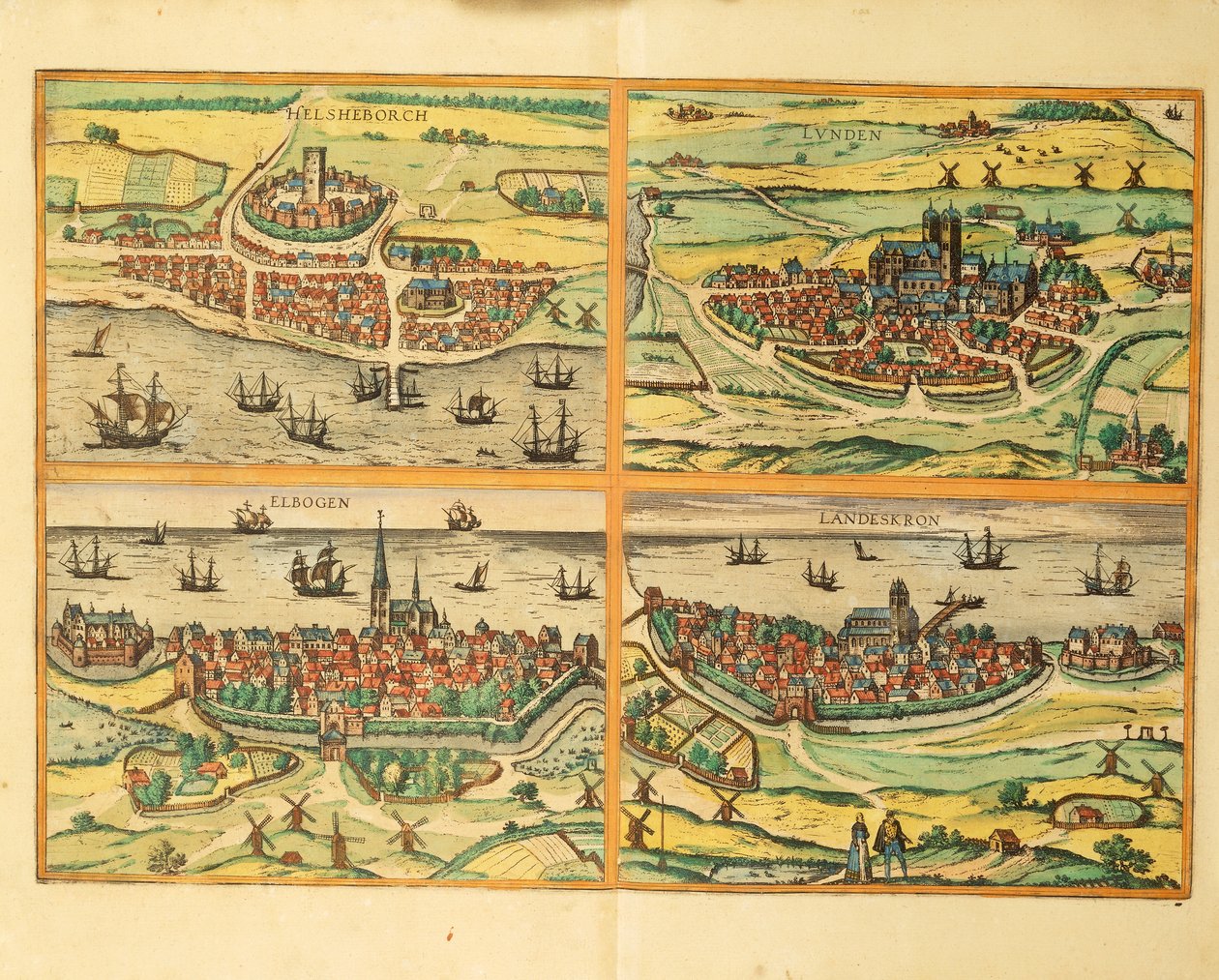 Helsingborg, Lund, Malmo, Elbogen e Landskrona, de Civitates Orbis Terrarum, Colónia de Georg Braun and Hogenberg Franz