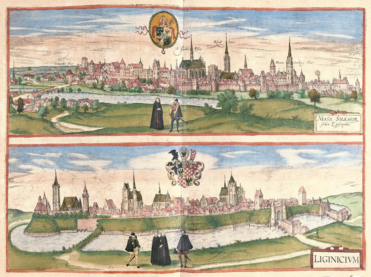 Nysa e Legnica (Lignica), Polónia (gravura de Georg Braun and Hogenberg Franz