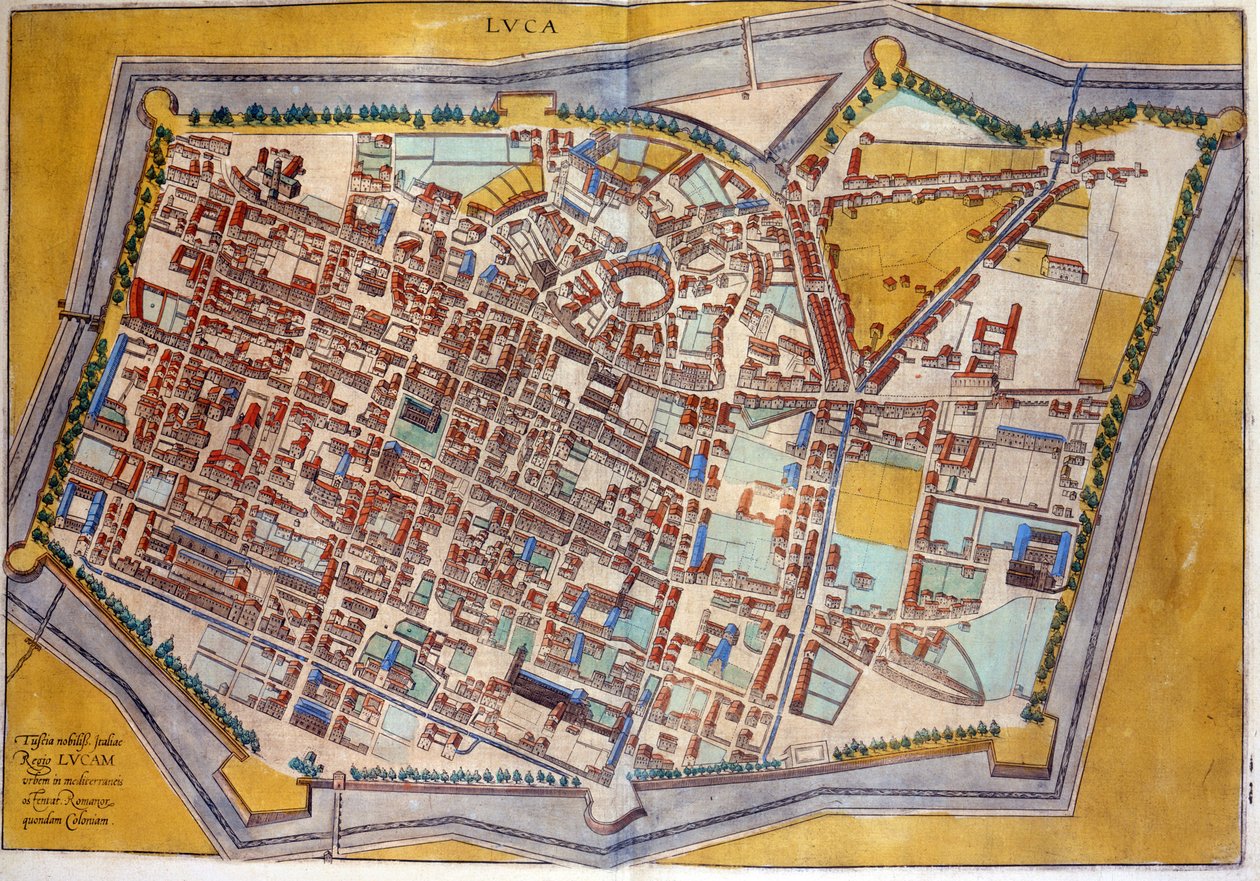 Plan de Lucques en 1585. Atlas de Braun & Hogenberg. de Georg Braun and Hogenberg Franz