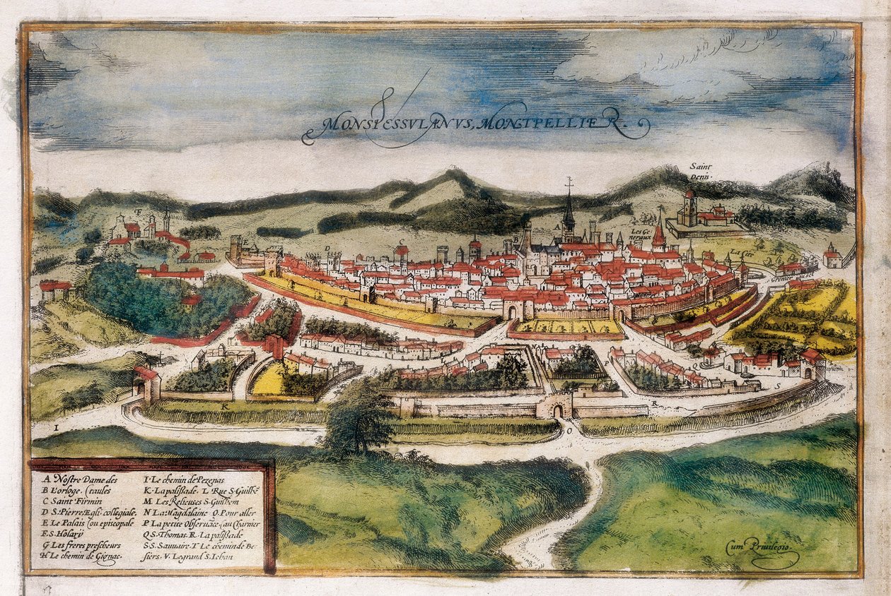Plano da cidade de Montpellier de Georg Braun and Hogenberg Franz