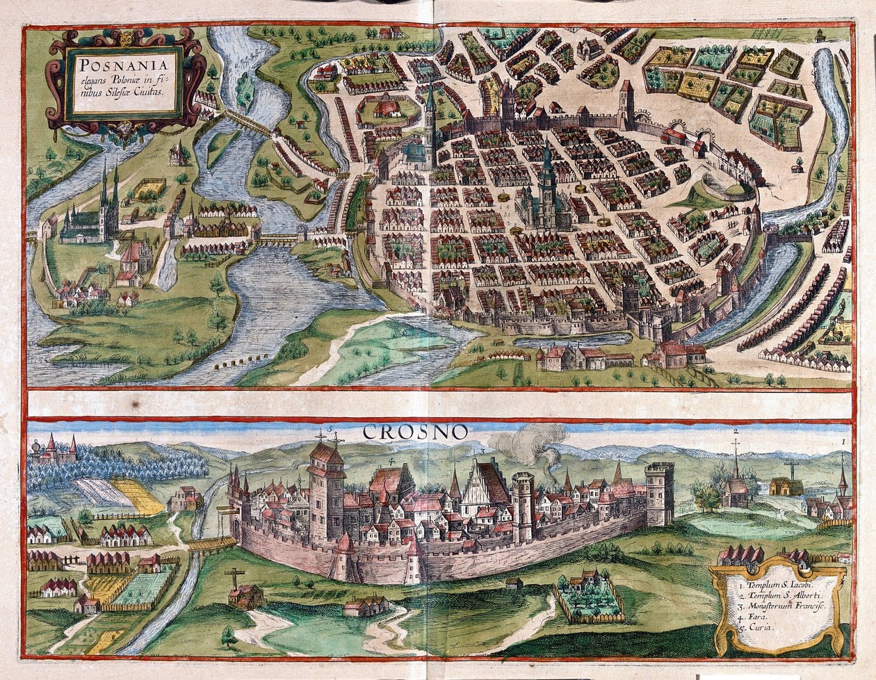 Poznan e Krosno, Polónia (gravura de Georg Braun and Hogenberg Franz