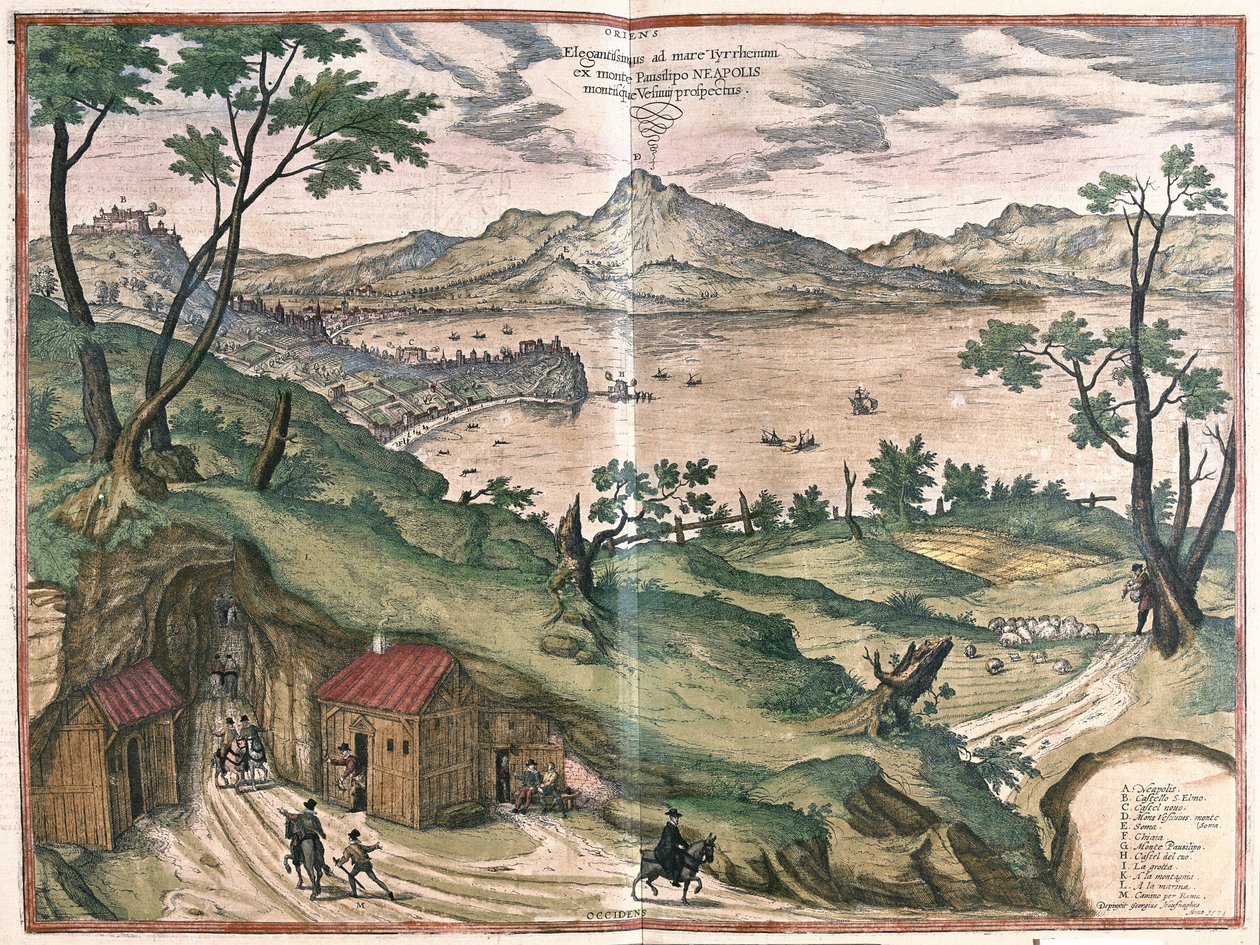 A Baía de Nápoles e a Vesúvia, Itália, em 1579 (gravura de Georg Braun and Hogenberg Franz