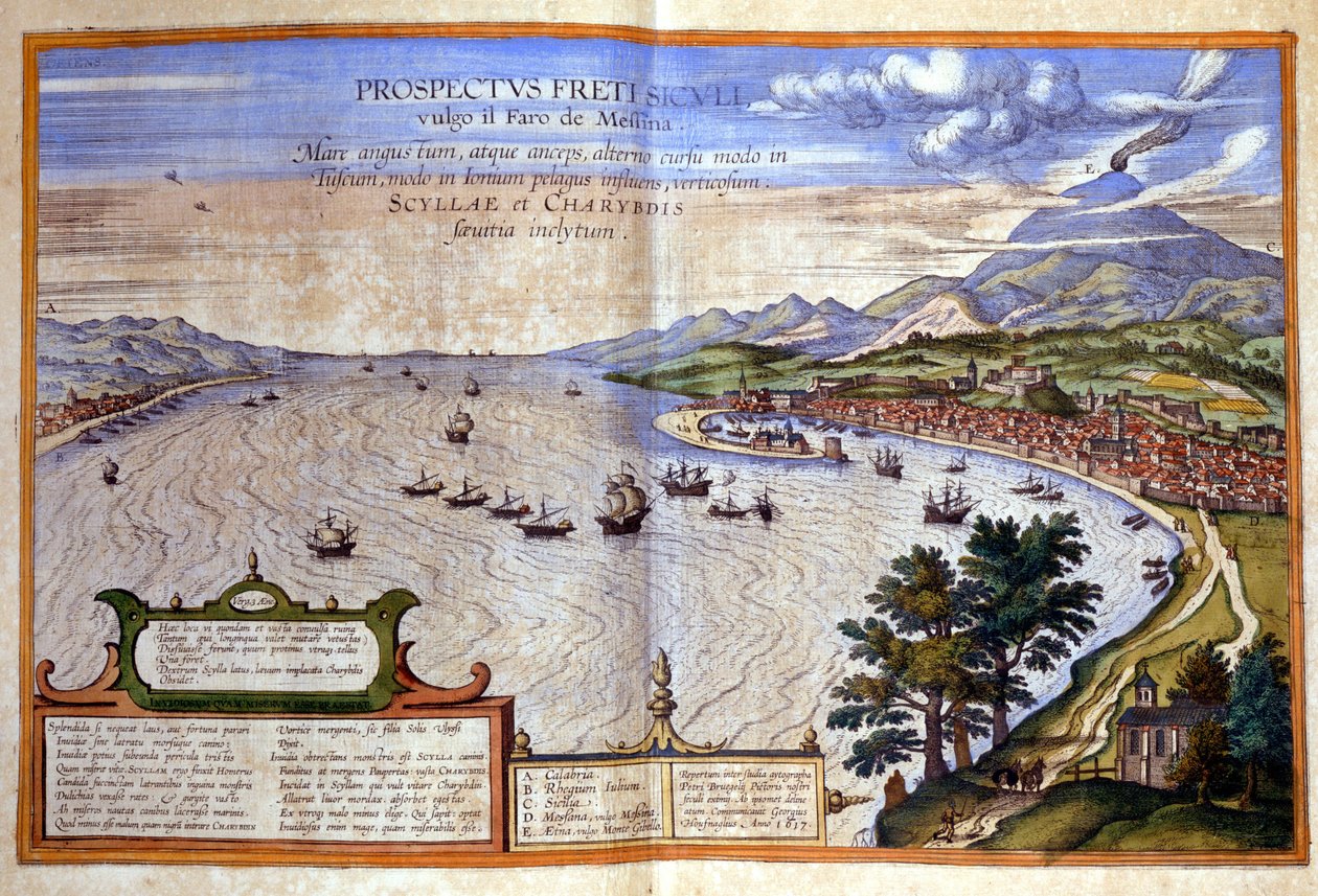 O Estreito de Messina - Calábria fica à esquerda enquanto Messina e Etna ficam à direita na Sicília. Atlas de Braun e Hogenberg de Georg Braun and Hogenberg Franz