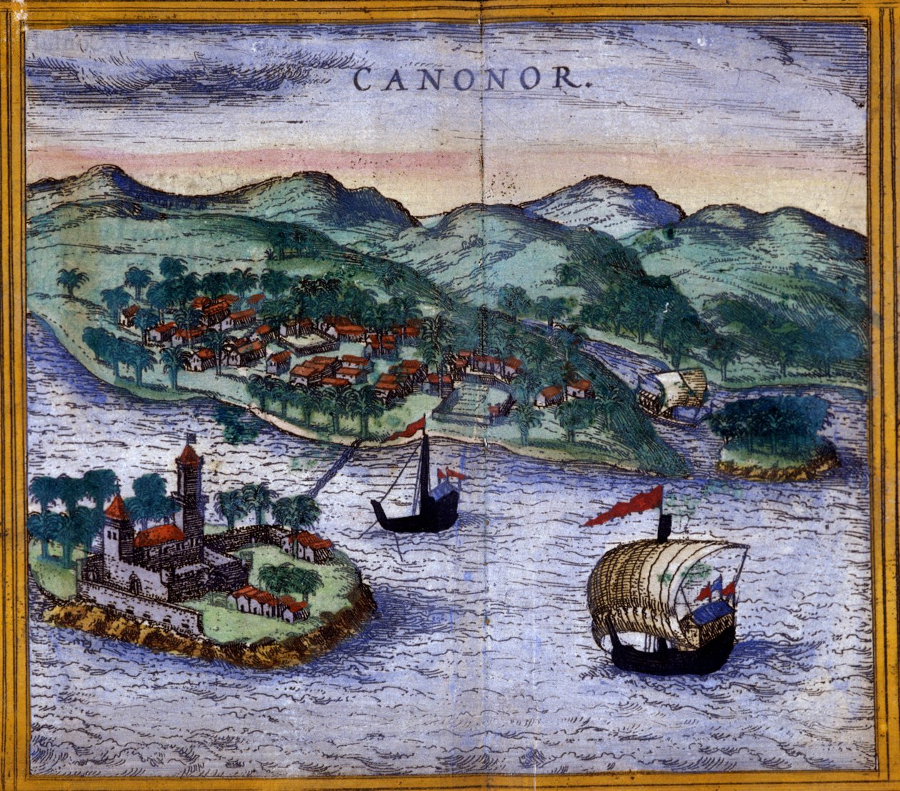 Vista da Canonor (ou Cannanore) na Índia de uma edição de "Civitates Orbis Terrarum" de Braun e Hogenberg de Georg Braun and Hogenberg Franz