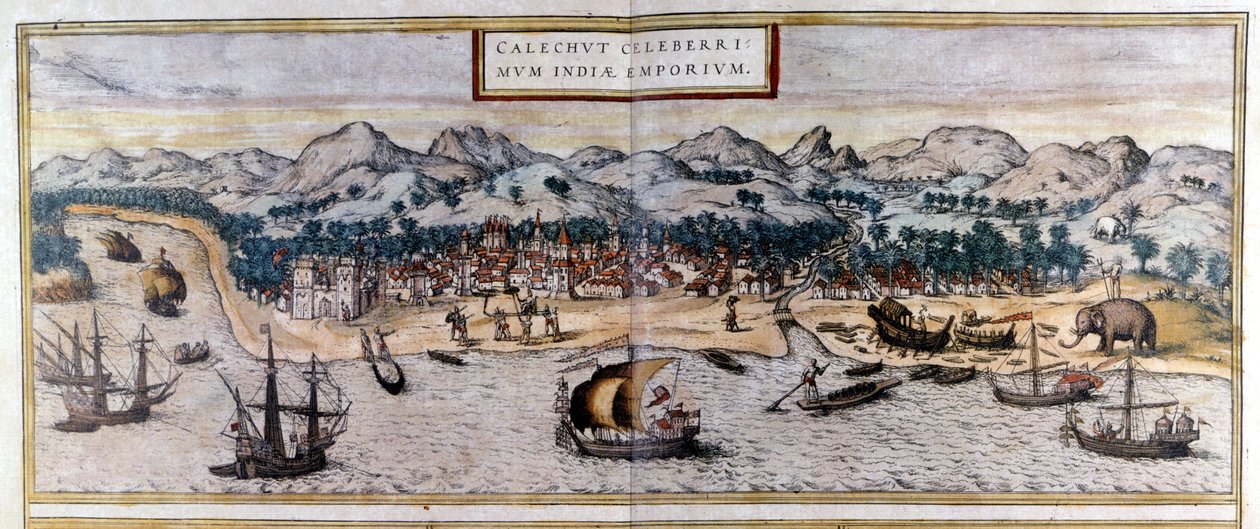 Vista de Kozhikode ou Calicut na Índia a partir do Atlas "Civitates Orbis Terrarum" de Braun & Hogenberg de Georg Braun and Hogenberg Franz