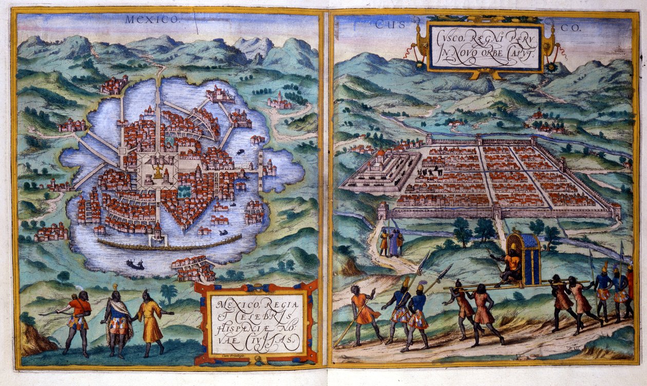 Vista da Cidade do México (México) e de Cuzco (Peru). Atlas Braun e Hogenberg de Georg Braun and Hogenberg Franz