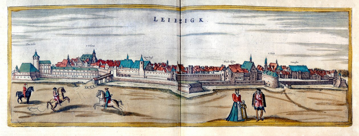 Vista da cidade de Leipzig na Alemanha. Gravura do Atlas de "Braun e Hogenberg" do início do século XVII de Georg Braun and Hogenberg Franz