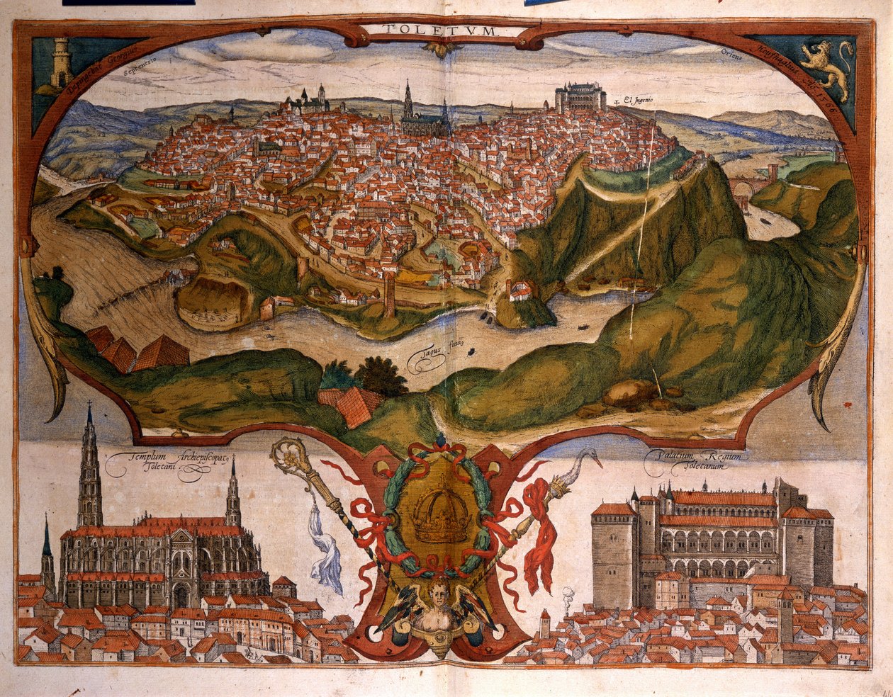 Vista da cidade de Toledo, no século XVI. Gravura de George Braun em "Civitatis Orbis Terrarum" Volume I escrito por Franz Hogenberg (1535-1590) de Georg Braun and Hogenberg Franz