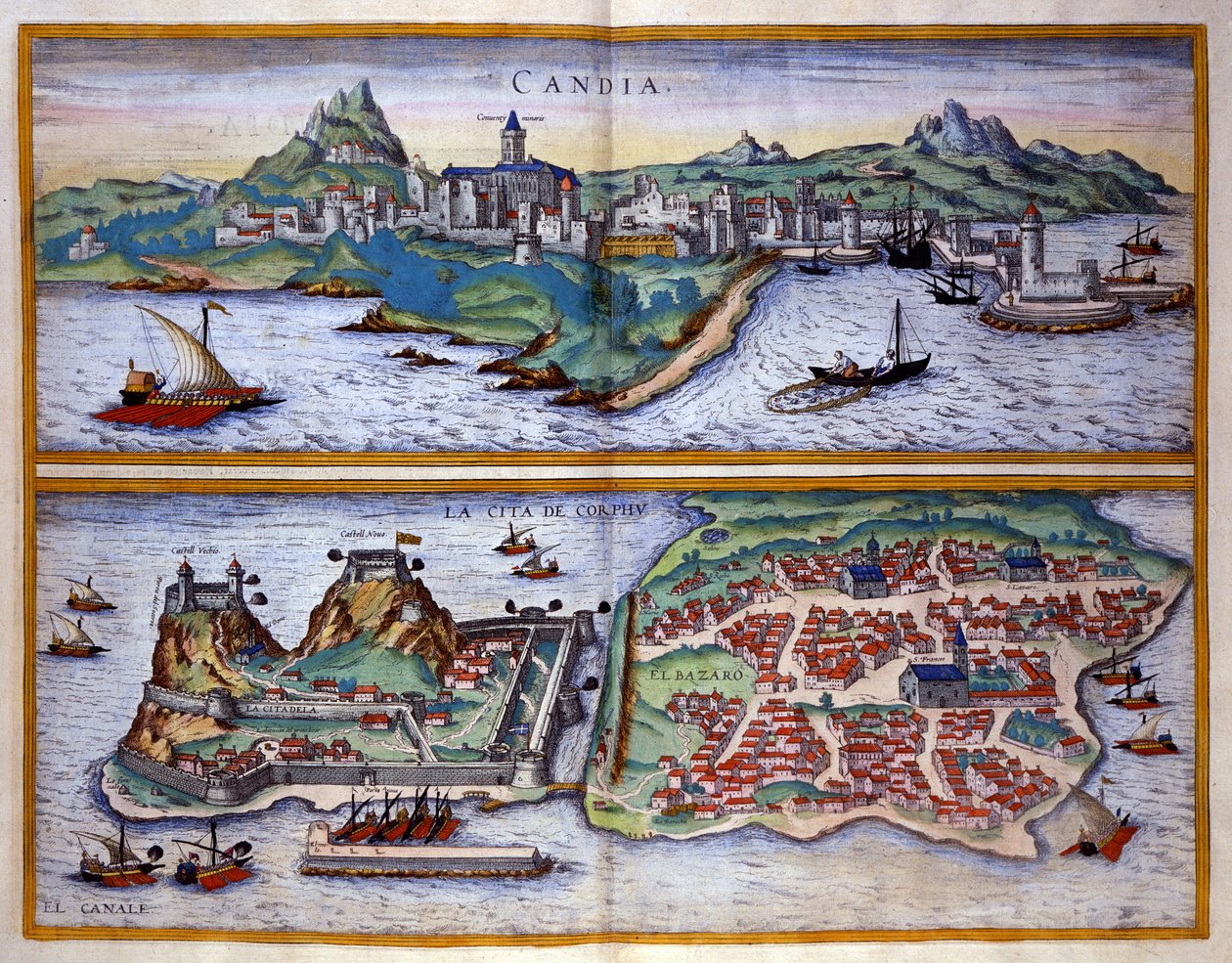 Vista do porto de Candie (actual Heraklion) em Creta e do porto de Corfu na Grécia Gravura de George Braun em "Civitatis Orbis Terrarum" Volume I escrito por Franz Hogenberg (1535-1590) de Georg Braun and Hogenberg Franz