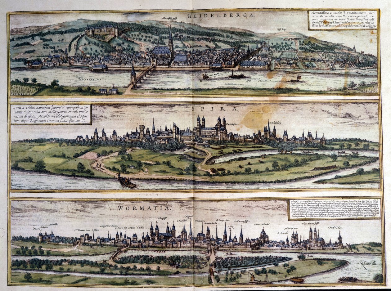Vistas de três cidades na Alemanha: Heidelberg, Spire, Worms. Atlas de Braun e Hogenberg. 1550. de Georg Braun and Hogenberg Franz