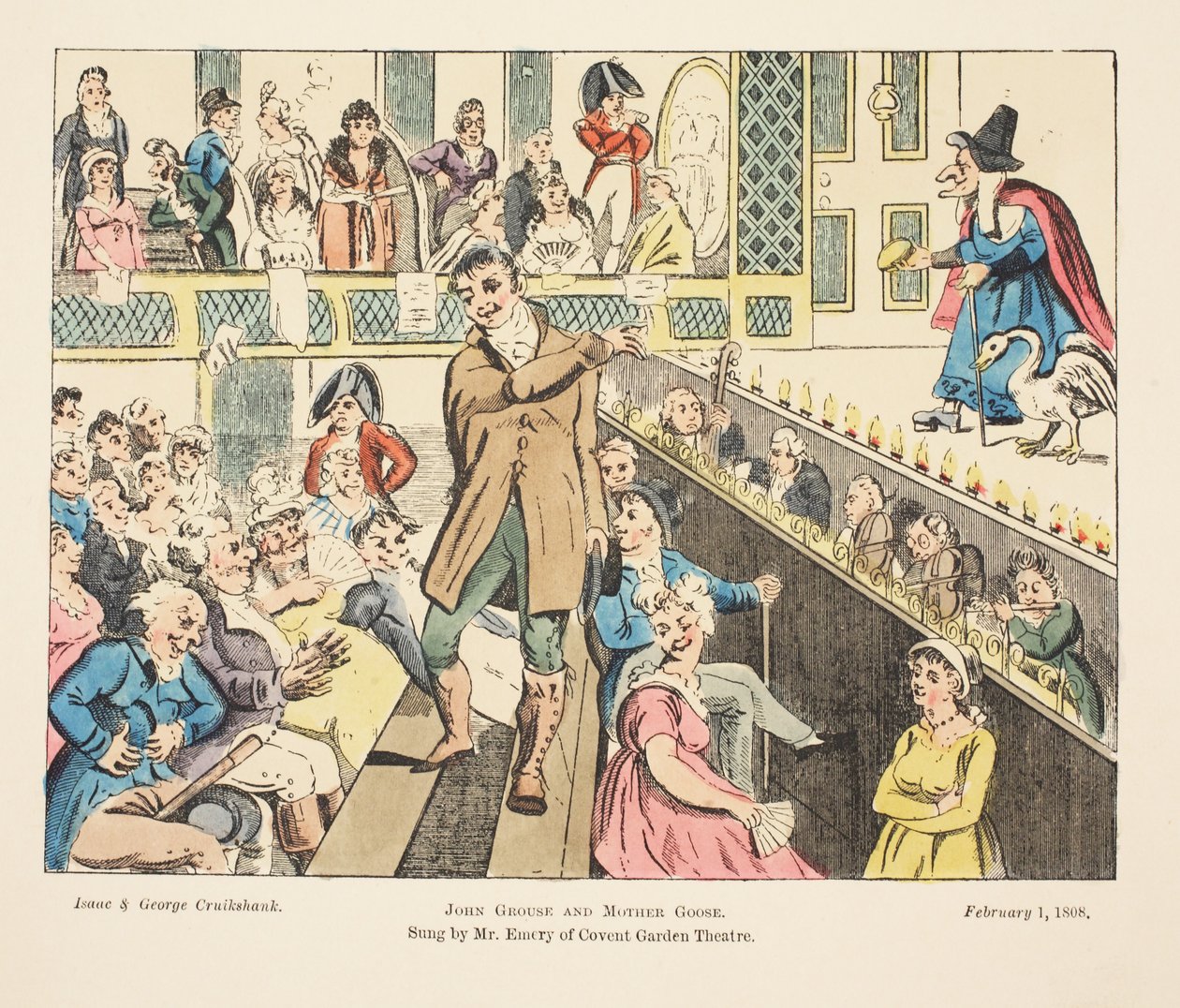 John Grouse e Mother Goose, cantada pelo Sr. Emery de Covent Garden, pub. 1808 (gravura colorida à mão) de Isaac, Robert and George Cruikshank