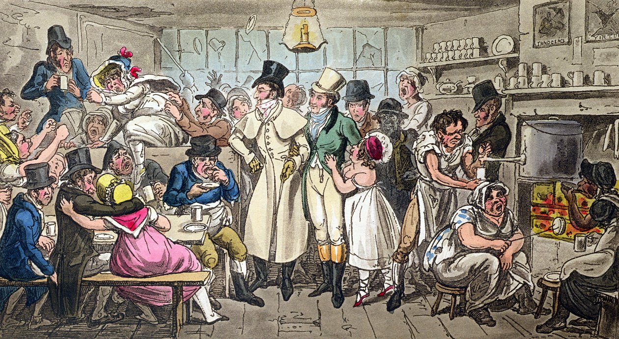 Tom e Jerry em um café perto do teatro olímpico, Strand, meia-noite, publicado em &39;Life in London&39;, 1820 (aquatint) de Isaac, Robert and George Cruikshank