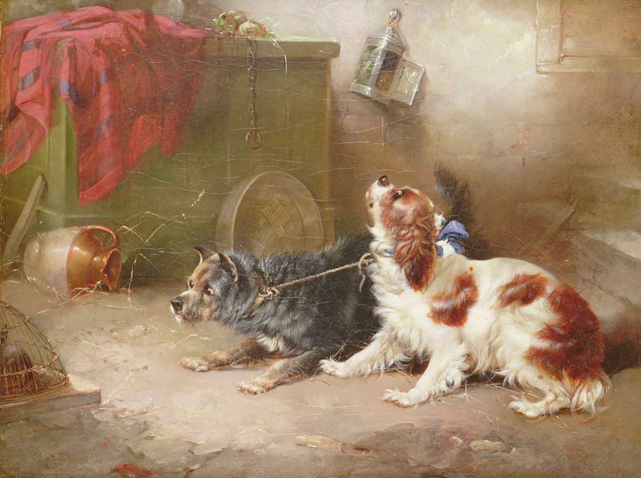 Um Terrier e um King Charles Spaniel Scaring a Rat de George Armfield