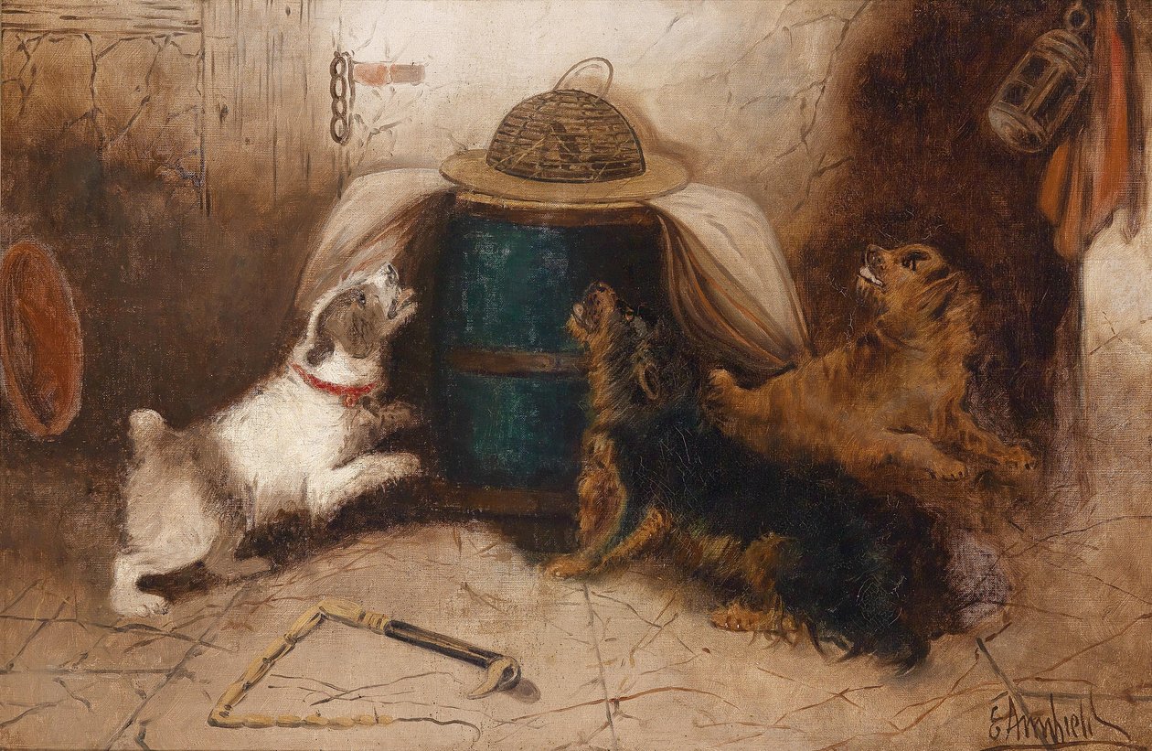 Três cães latindo para um rato de George Armfield