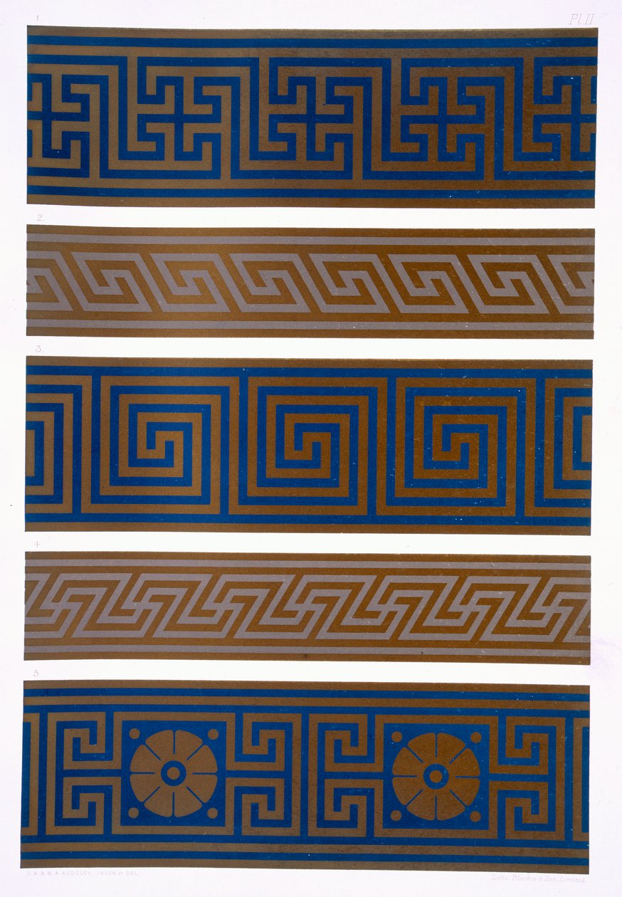 Ornamento grego: Bandas ou bordas no escuro em luz e luz em cores escuras, prato II de "O decorador prático e ornamentais", publicado em 1892 de George Ashdown Audsley