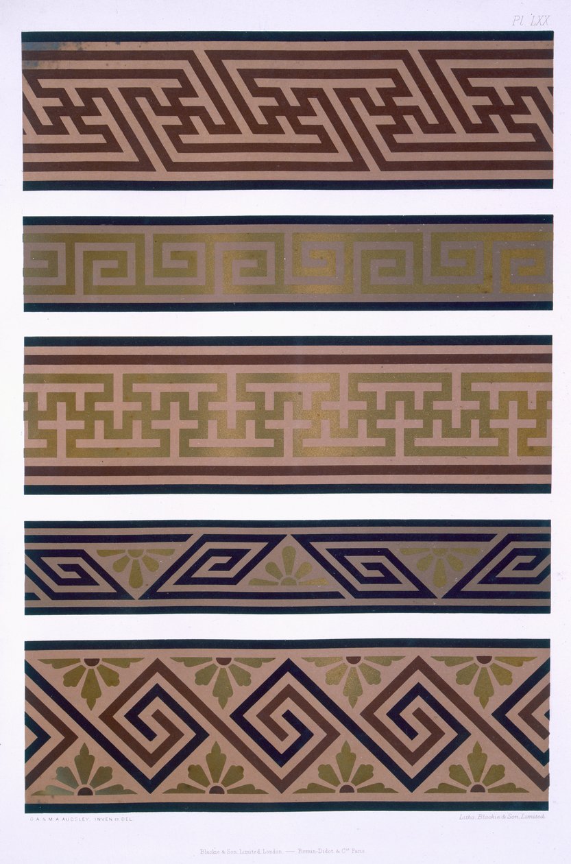 Enfeite japonês: faixas ou bordas em ouro em motivos de cor escura, placa LXX de &39;The Practical Decorator and Ornamentalist&39;, publicado em 1892 de George Ashdown Audsley