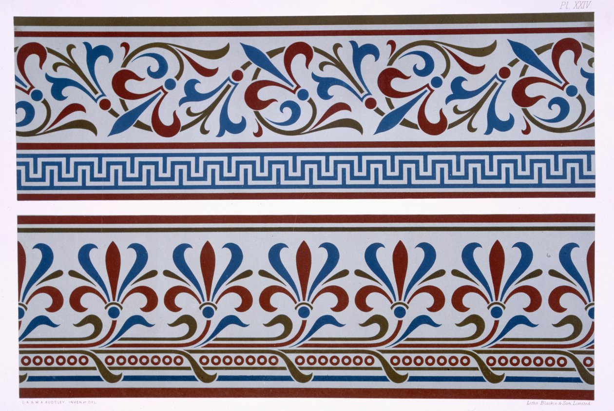 Neo-Grec Ornament: Border and dado designs, placa XXIV de &39;The Practical Decorator and Ornamentalist&39;, publicado em 1892 99: pattern; modelado; decorativo; decoração; desenhar; architectu de George Ashdown Audsley