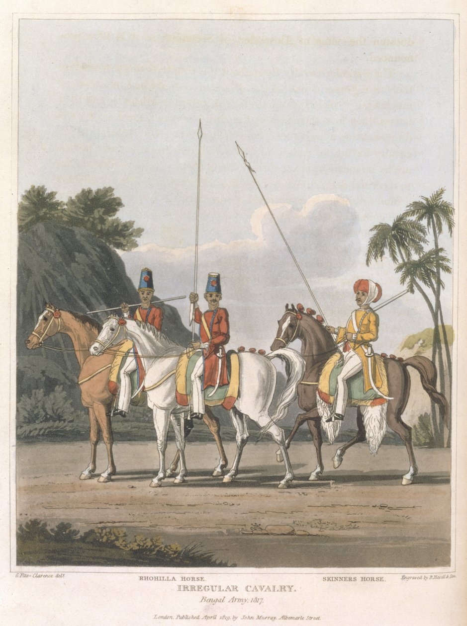 Cavalaria Irregular, Exército de Bengala 1817, placa 5 de &39;Diário de uma Rota pela Índia, através do Egito, para a Inglaterra&39;, gravada por R. Havell and Son, pub. 1819 (aquatinta) de George Augustus Fitzclarence
