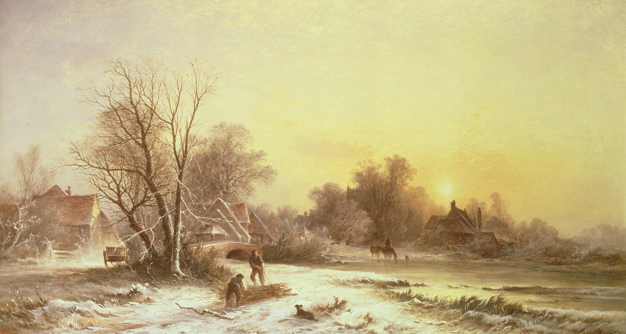 Cena de inverno: Coleta de madeira em um banco do rio de George Augustus Williams
