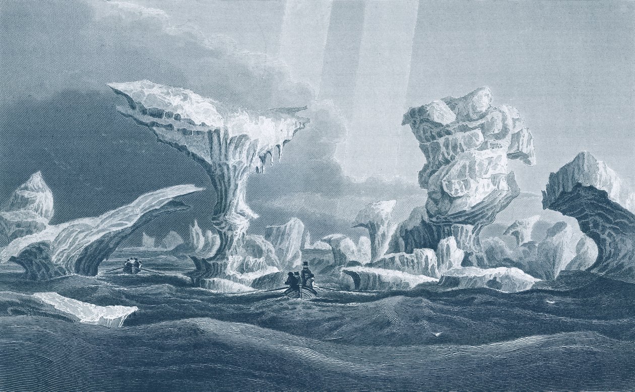 Barcos em um Swell Amongst Ice, 24 de agosto de 1826, de "Narrativa de uma segunda expedição às margens do Mar Polar nos anos 1825-27" por Sir John Franklin (1786-1847) gravado por Edward Finden (1 de George Back