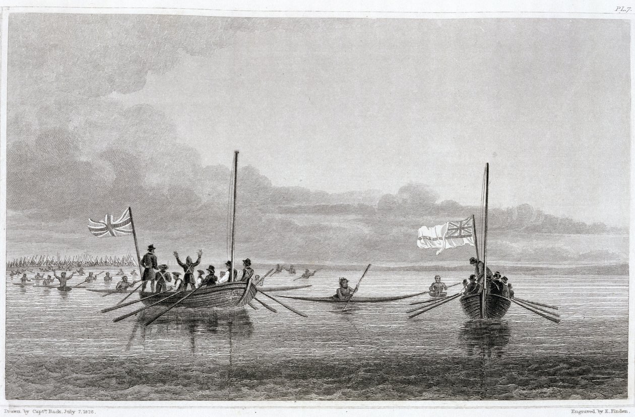 Eskimaux que vem para os barcos na baía de Shoalwater, julho 7, 1826, de "narrativa de uma segunda expedição às costas do mar polar nos anos 1825-27" por Sir John Franklin (1786-1847) gravado de George Back