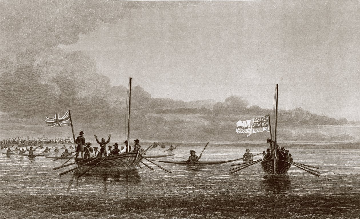 Eskimaux que vem para os barcos na baía de Shoalwater, julho 7, 1826, de "narrativa de uma segunda expedição às costas do mar polar nos anos 1825-27" por Sir John Franklin (1786-1847) gravado de George Back