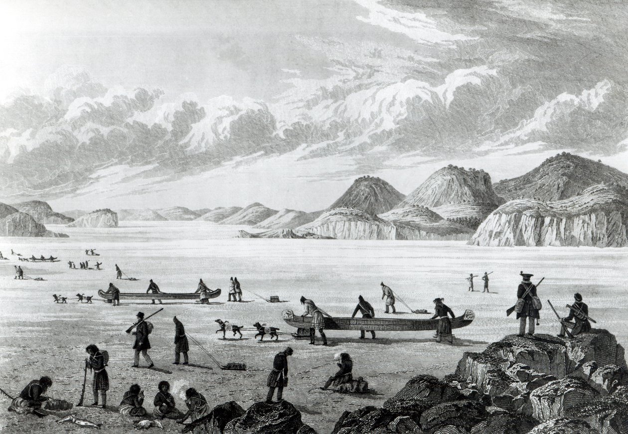 Expedição passando pelo Point Lata on the Ice, gravado por Edward Francis Finden (1791-1857) 25 de junho de 1821 de George Back