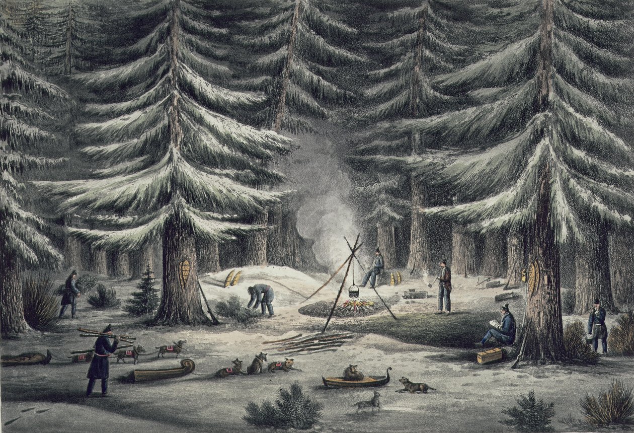 Maneira de fazer um lugar de descanso em uma noite de inverno, 15 de março de 1820, de "Narrativa de uma jornada às margens do mar polar nos anos 1819-22", de John Franklin (1786-1847), gravado por Edward F. de George Back