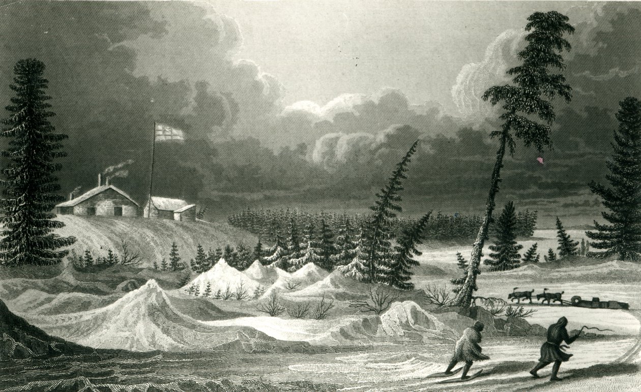 Vista de inverno de Fort Franklin, gravada por Edward Francis Finden (1791-1857) maio de 1828 de George Back