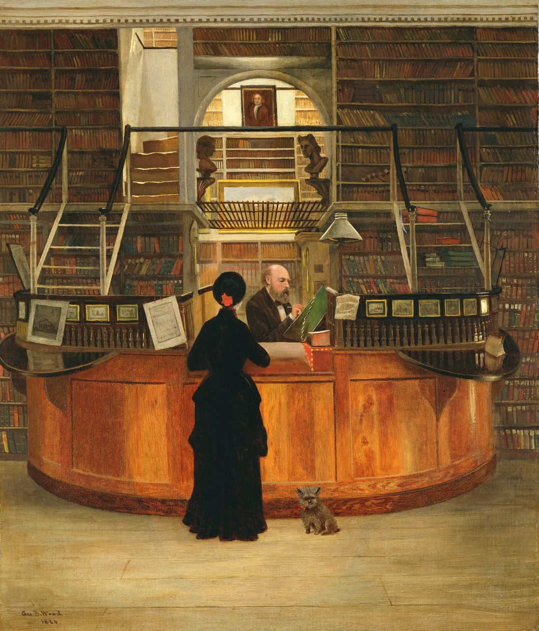 O interior da Biblioteca Logan Filadélfia, com o bibliotecário LLoyd Pearsall Smith em sua mesa, 1880 de George Bacon Wood
