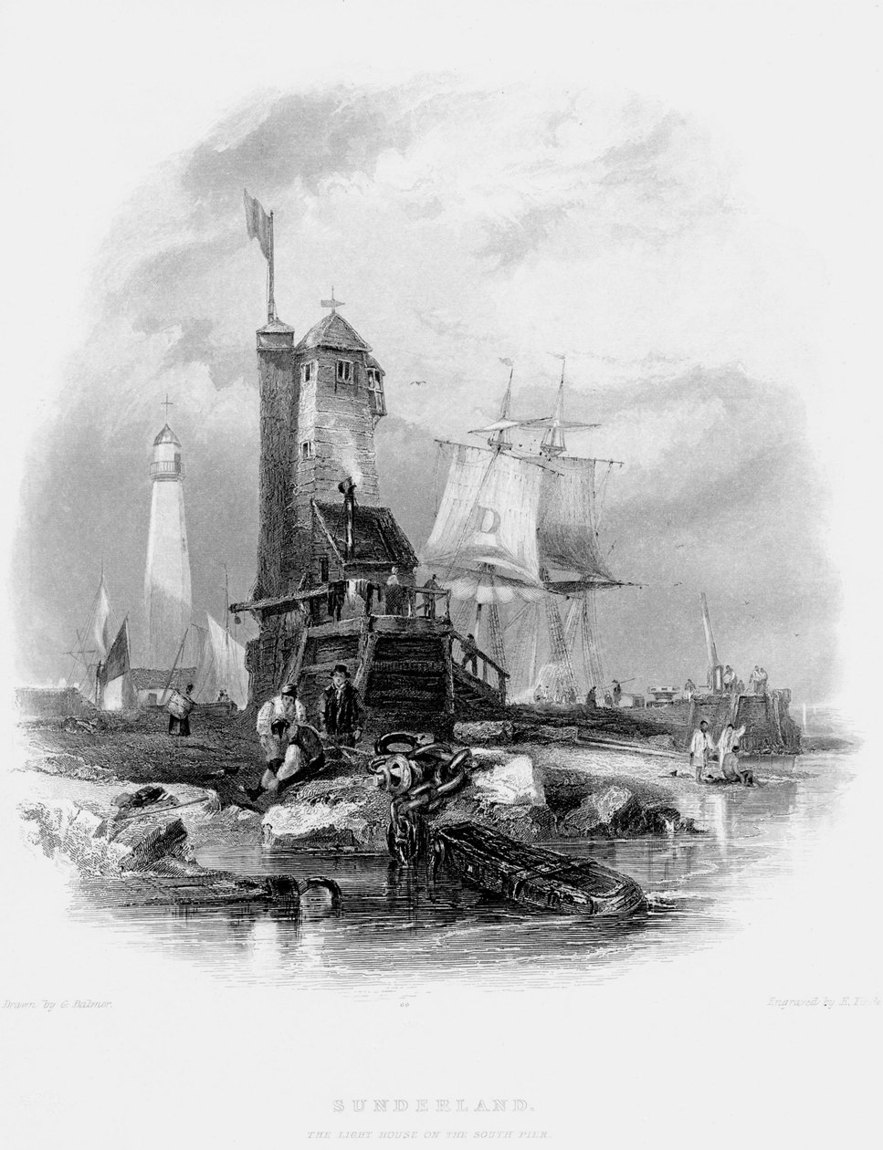 Farol de Sunderland no cais sul, 1841 de George Balmer