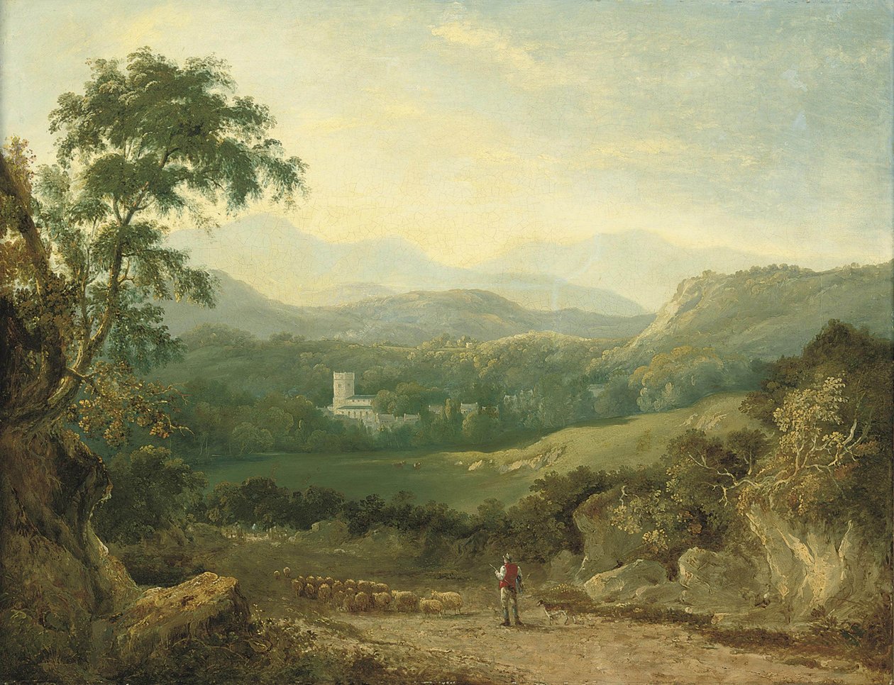 Uma paisagem montanhosa perto de Porthmadog, com um pastor, seu rebanho e um collie em uma pista, um viajante à distância, vacas em um vale e uma vila além de George Barret