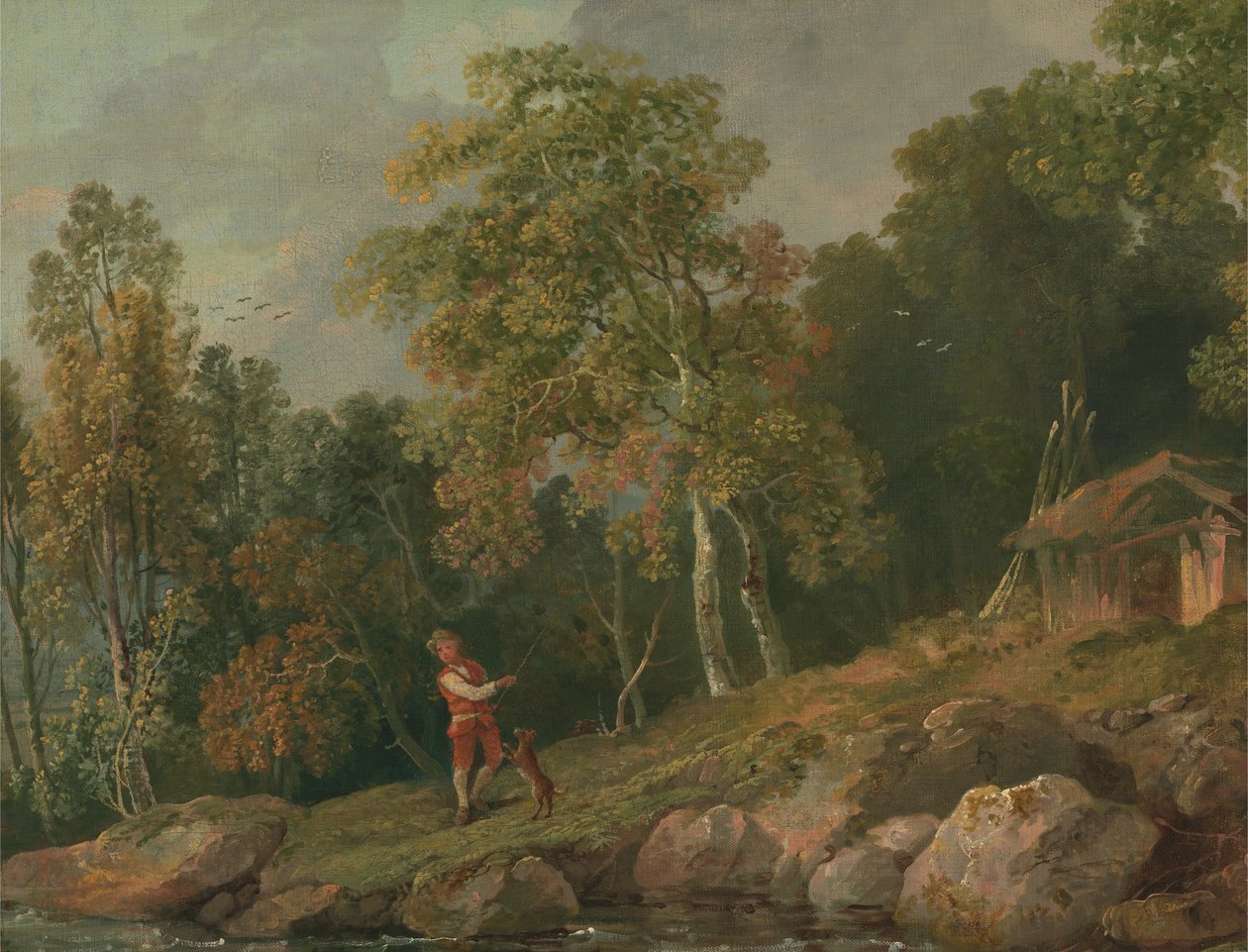 Paisagem arborizada com um menino e seu cachorro de George Barret
