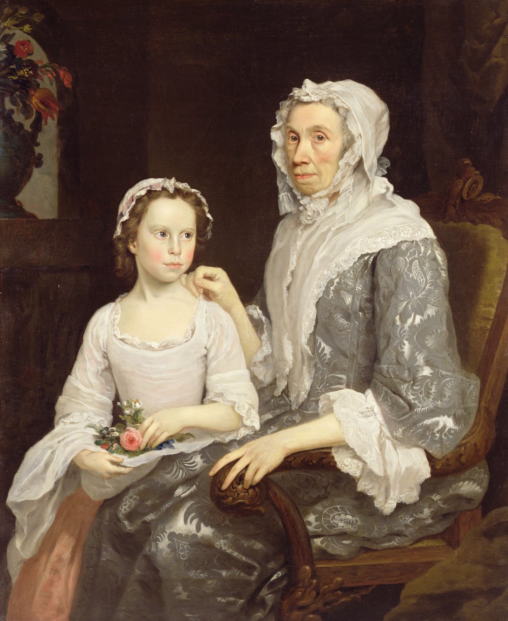 Retrato, de, um, senhora idosa, e, um, menina jovem de George Beare