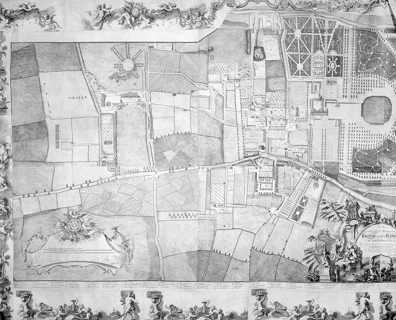 Detalhe (lado esquerdo) do plano do Palácio de Kensington por Joshua Rhodes, 1764 de George Bickham
