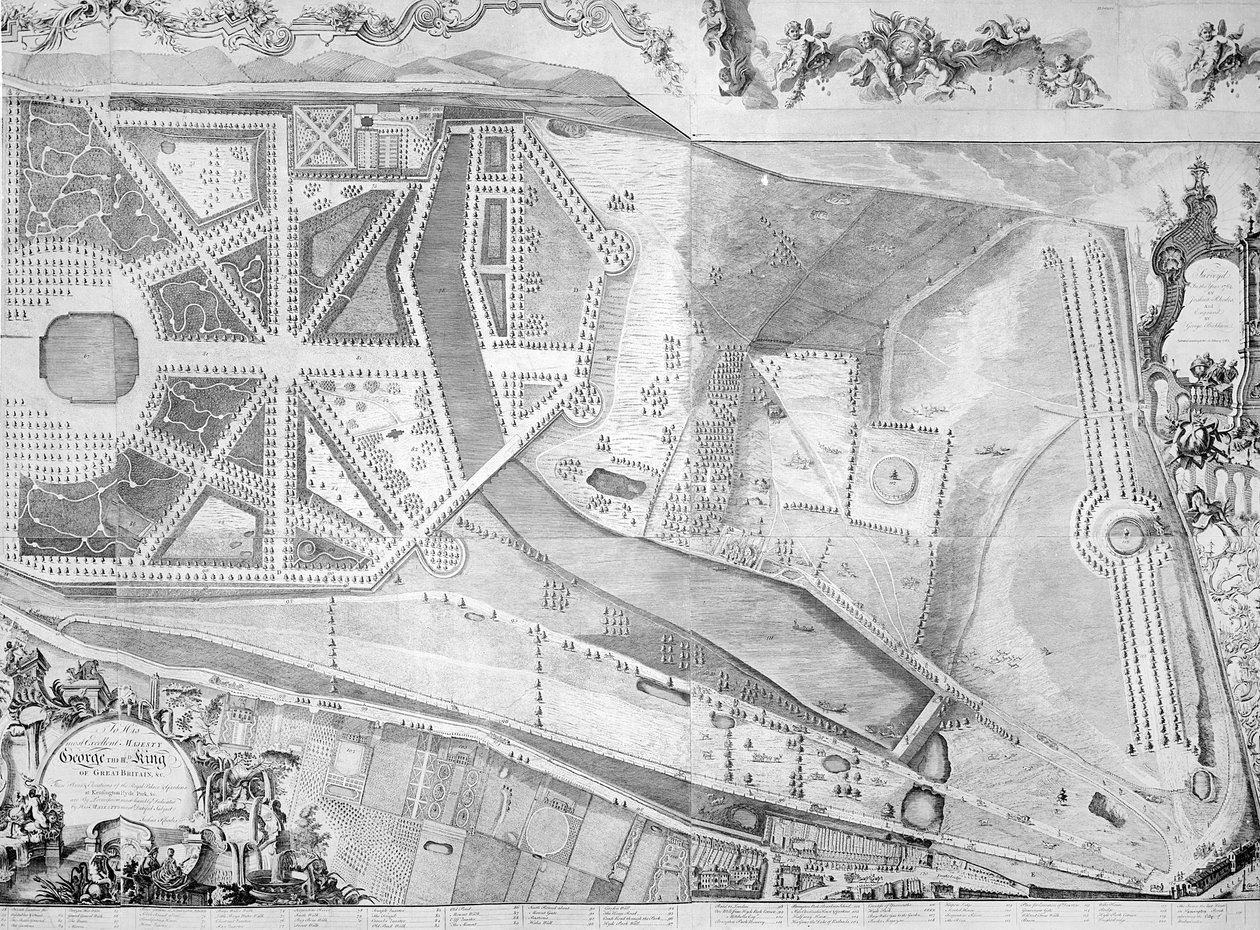 Detalhe (lado direito) do plano do Palácio de Kensington por Joshua Rhodes, 1764 de George Bickham