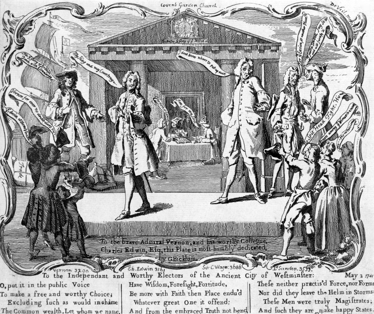 Sátira sobre a Eleição de Westminster com candidatos em hustings pelo pórtico de St. Paul, Covent Garden, 1741 de George Bickham