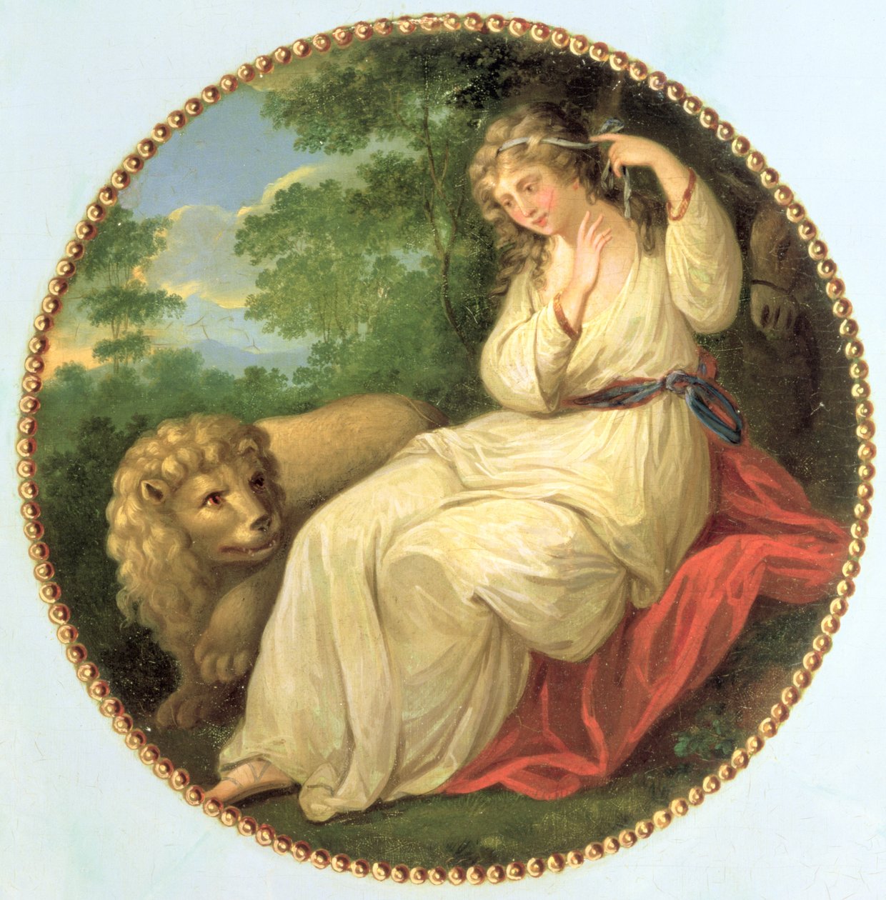 Una e o Leão, o desenho tirado de uma gravura de 1783 por Thomas Burke (1749-1815) depois de Angelica Kauffman (1741-1807) um dos três medalhões decorativos de uma cómoda de George III, c.1790 (painel de George Brookshaw