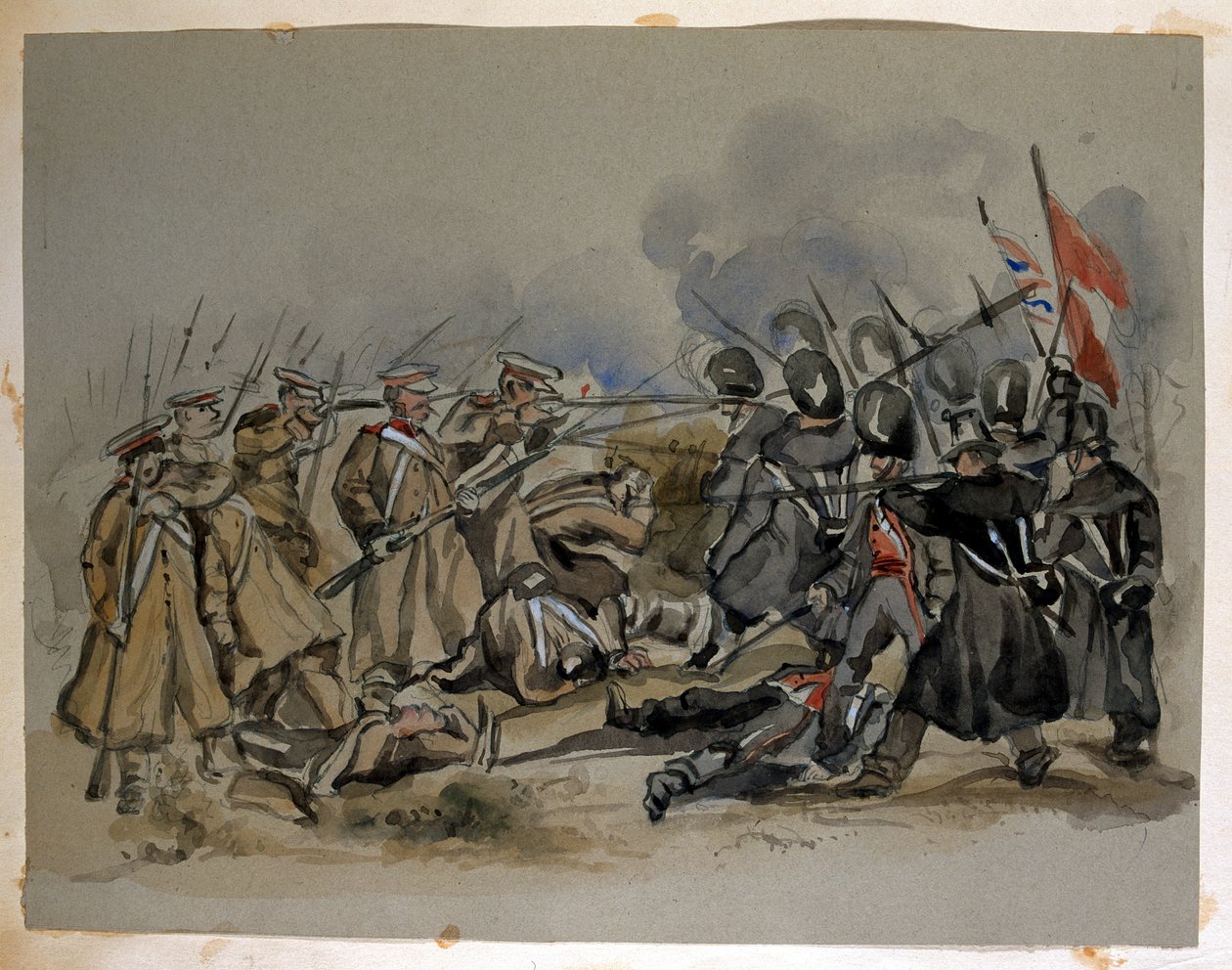 Um conflito entre Guardas e Tropas Russas durante a Guerra da Crimeia, de um álbum de pinturas e esboços conhecido como &39;Cadogan&39;s Crimea&39;, c.1856 de George Cadogan