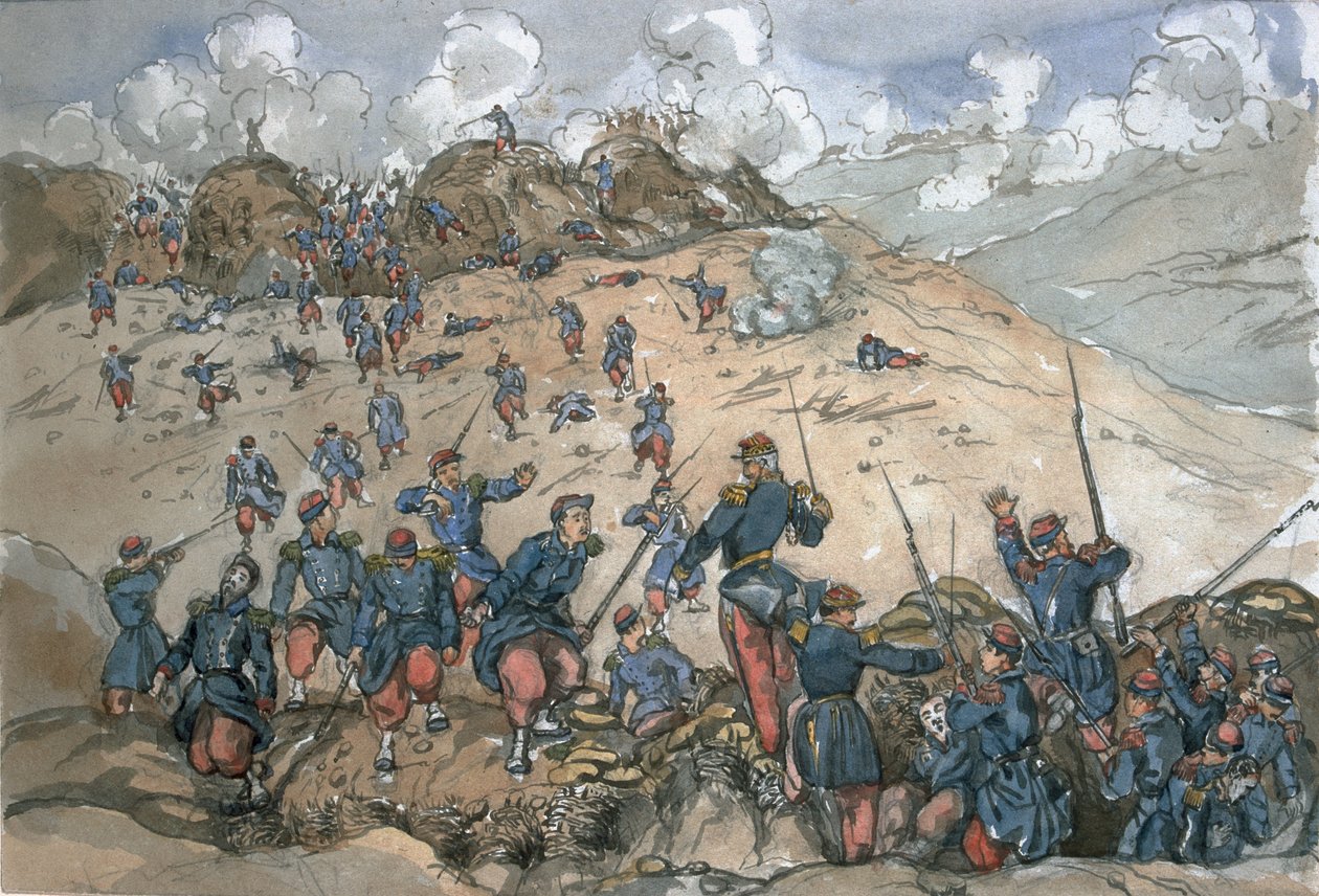 Ataque do Bastião Central pelas tropas francesas sob o comando do General Desalles durante o cerco de Sebastopol, a partir de um álbum de pinturas e esboços conhecido como &39;Cadogan&39;s Crimea&39;, 1854-56 de George Cadogan