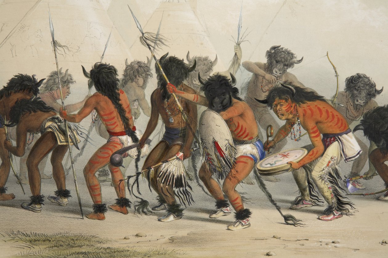Buffalo Dance (detalhe), da Catlins North American Indian Portfolio. Cenas de caça e diversões das Montanhas Rochosas e Prairies of America, pub. 1845 de George Catlin