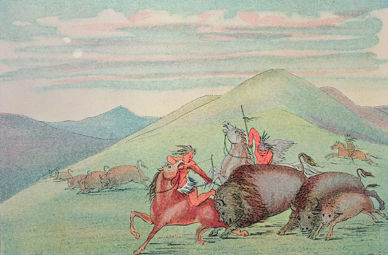 Búfalo touro protegendo bezerro e mãe sob ataque de George Catlin