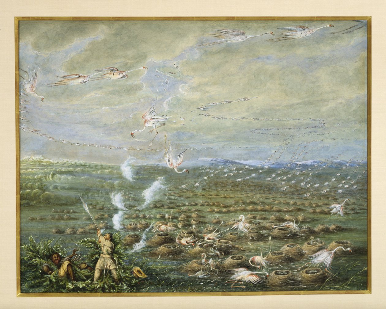 Tiro ao Flamingo na América do Sul, 1856 (guache e wc no papelão) de George Catlin