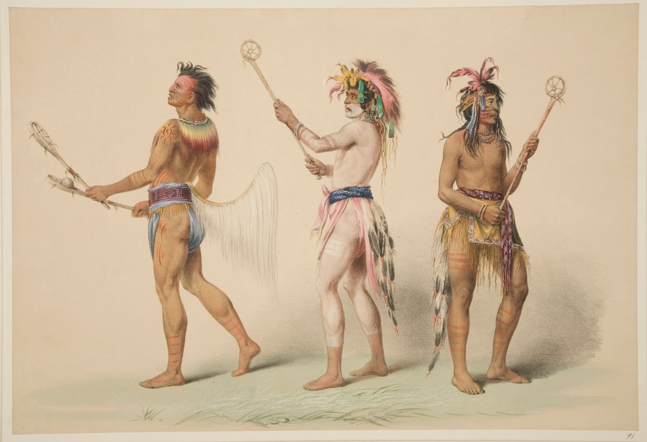 Ilustração de jogadores de Lacrosse, de Ilustrações dos costumes, costumes e condições dos índios norte-americanos, Londres, 1845 (gravura colorida à mão) de George Catlin