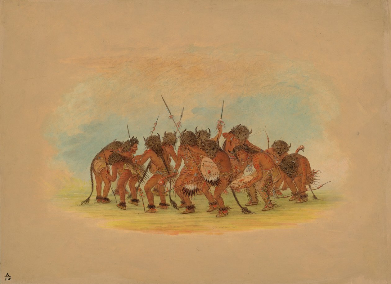 Mandan Buffalo Dance, 1861 (óleo no cartão montado no cartão) de George Catlin