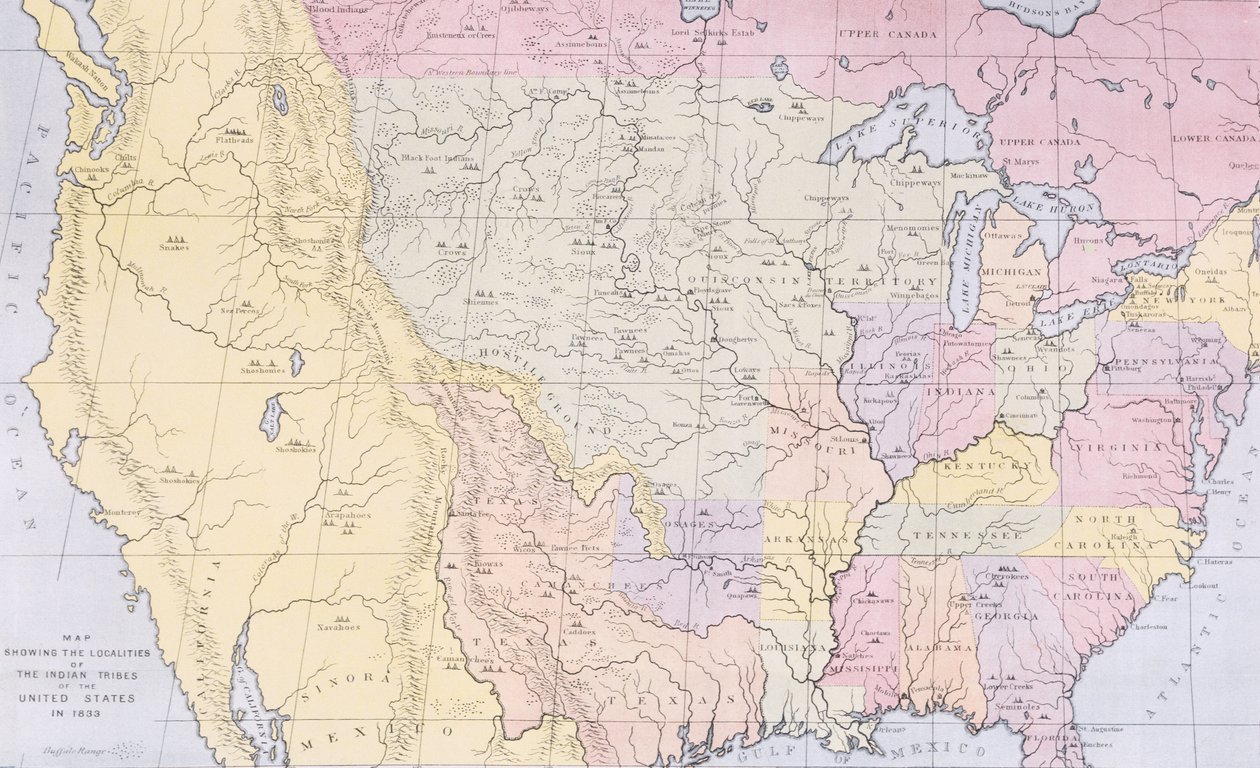 Mapa mostrando as localidades das tribos indígenas dos EUA em 1833, ilustração de "As tribos indígenas da América do Norte, Vol.3", por Thomas L. McKenney e James Hall, pub. por John Grant (cor litho de George Catlin