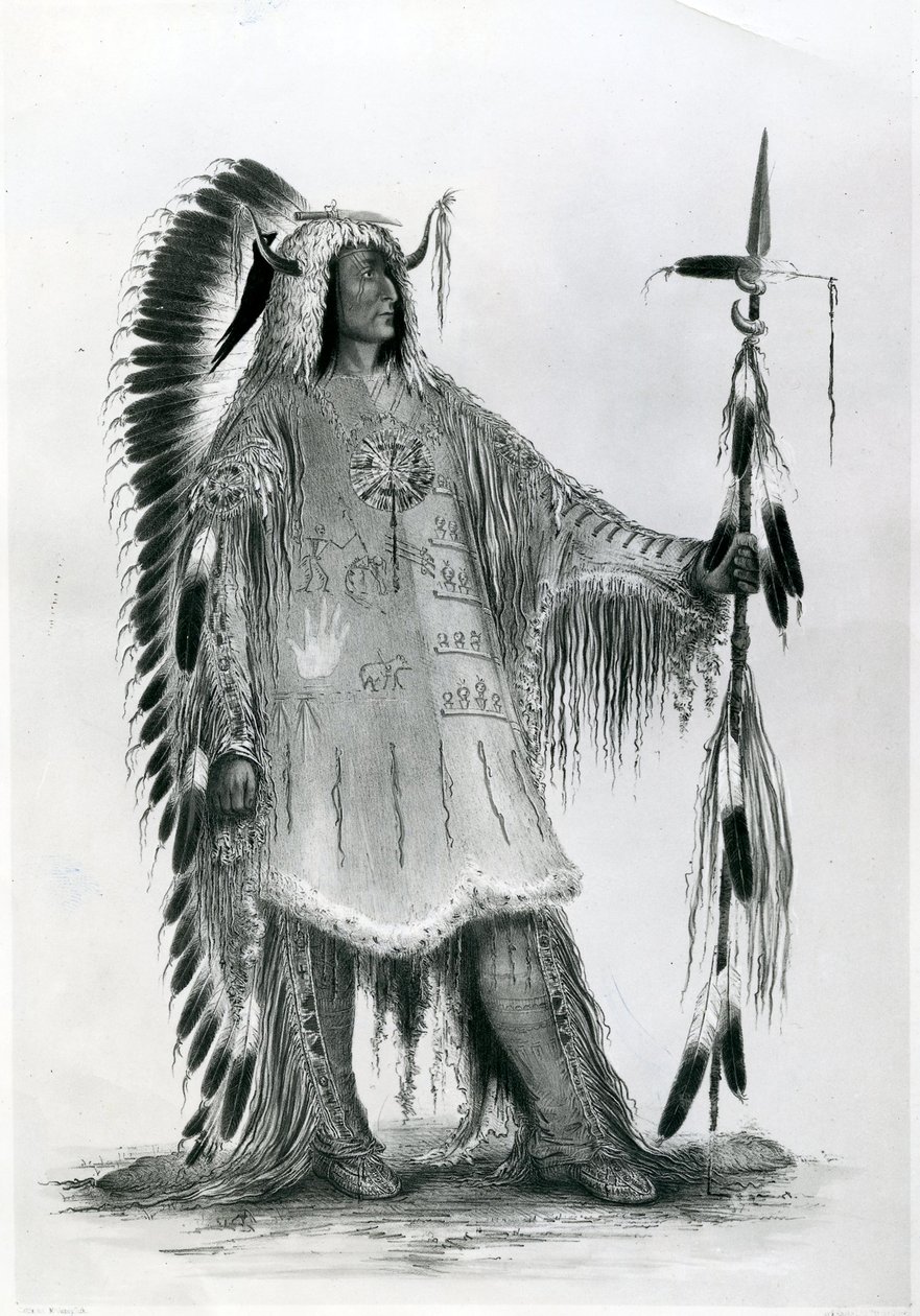 Mato-Tope, segundo chefe do povo Mandan, c.1833 (bw litho) de George Catlin
