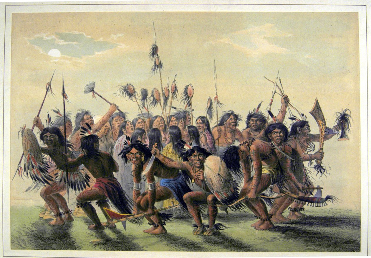 Nativos americanos realizando uma dança de grupo tribal de George Catlin